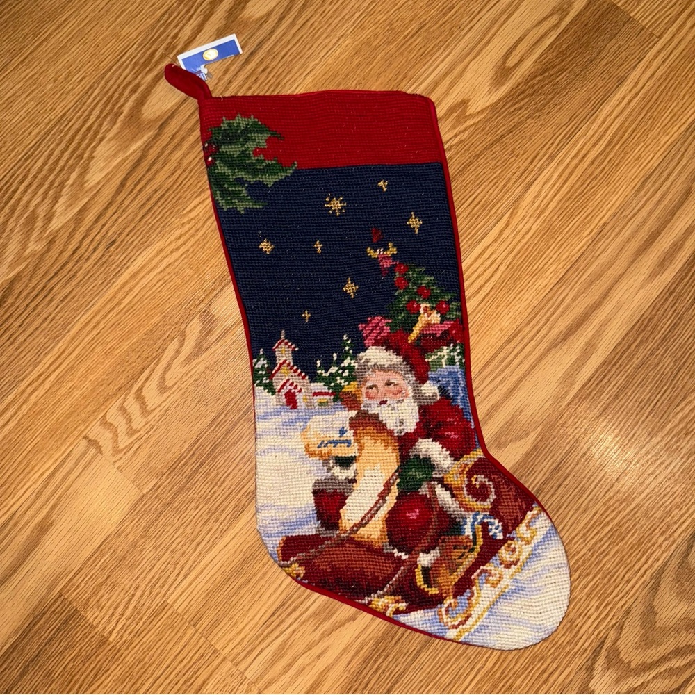 Needlepoint Holiday Christmas Stocking Santa in Sleigh w Red Velveteen Backing‎